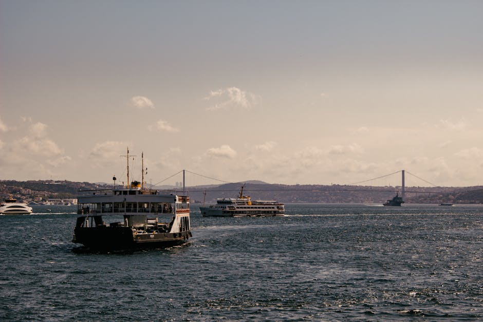 Ferries navigate the Bosphorus with Istanbul's iconic bridge in the background under a serene sky.